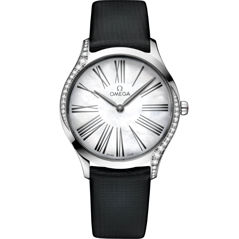 OMEGA De Ville Tresor steel 36MM diamond bezel/lugs white MOP dial on black fabric strap with steel buckle