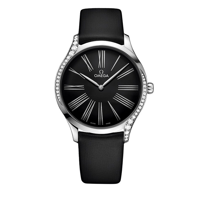 OMEGA De Ville Tresor steel 39MM black roman dial diamond lugs on  black fabric strap with steel buckle
