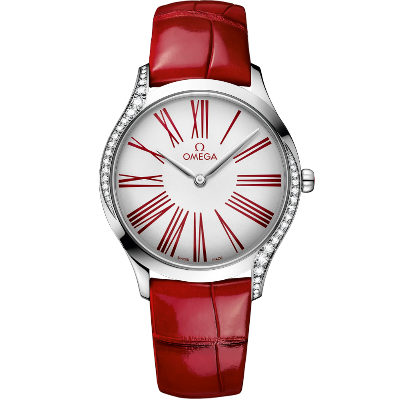 OMEGA De Ville Tresor steel 36MM diamond bezel white dial with red roman numerals on red leather strap with steel buckle