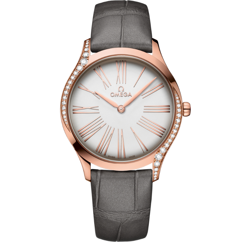 OMEGA De Ville Tresor 18kt rose gold 36MM silver roman dial diamond lugs leather strap with 18kt rose gold buckle