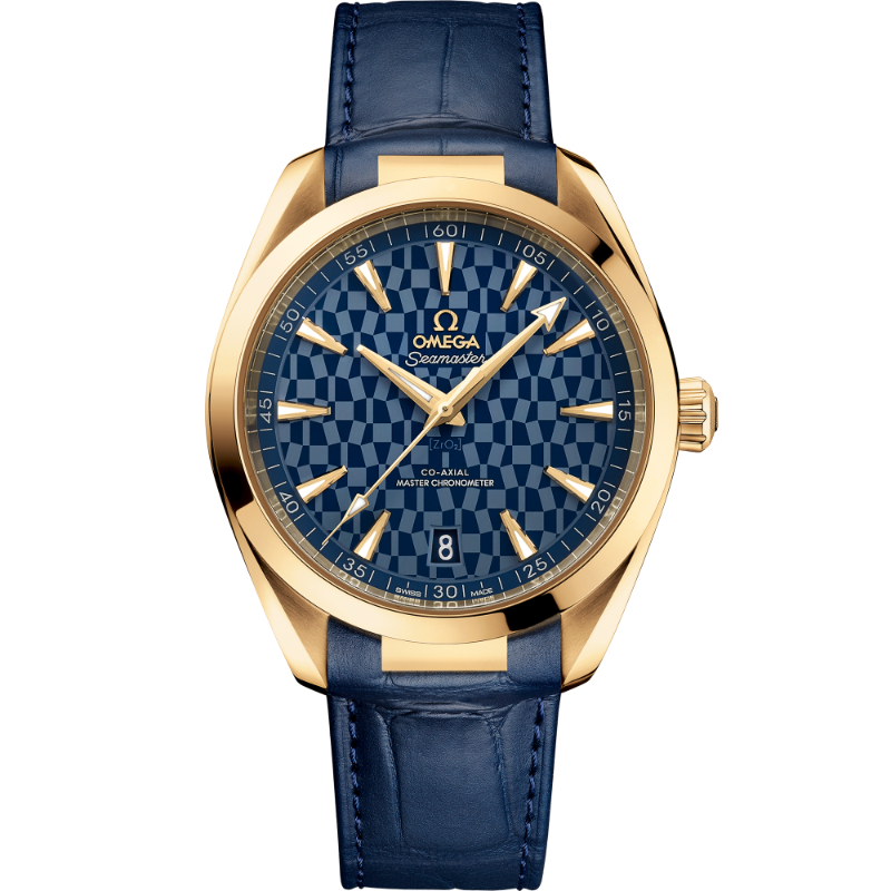 OMEGA Seamaster Aqua Terra 150M Tokyo 2020 18k yellow gold 41MM smooth bezel blue index dial on blue leather strap on 18k yellow gold folding clasp