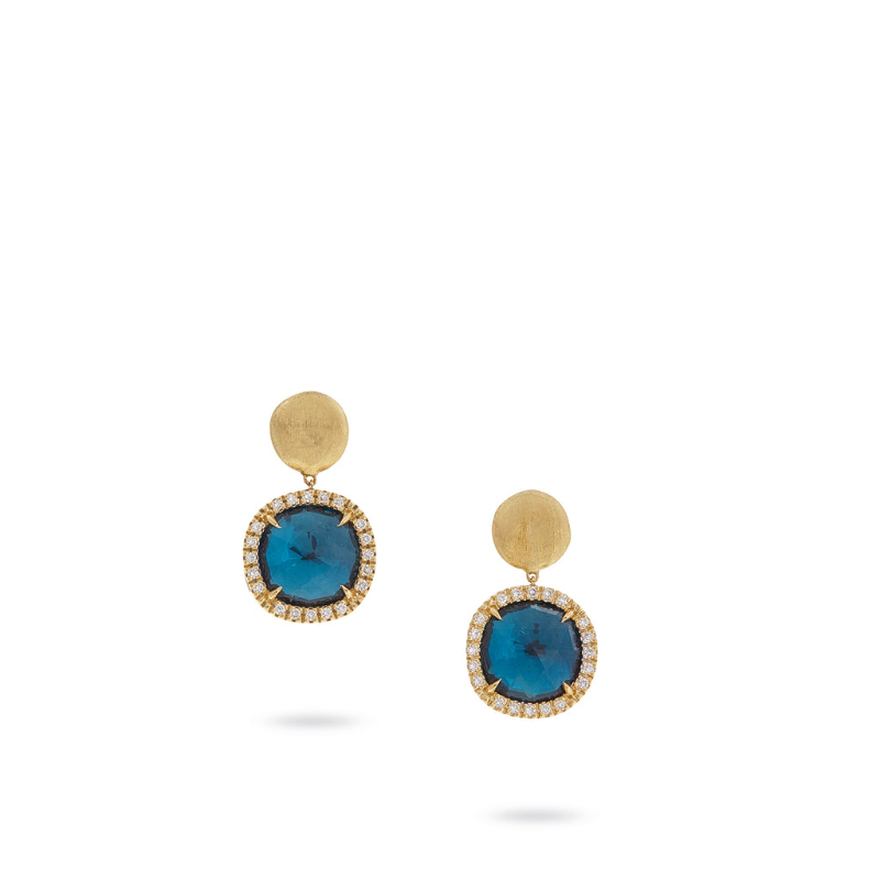 Marco Bicego 18k yellow gold Jaipur Color 1.6" small London blue topaz drop earrings with round diamonds weighing 0.30 carat total weight