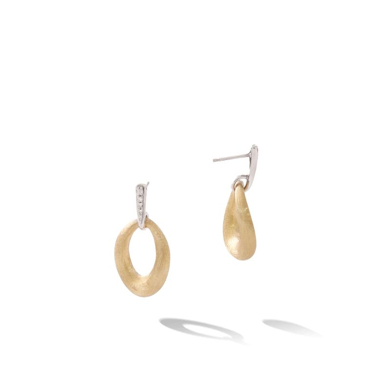 Marco Bicego 18k yellow gold Lucia engraved open circle drop earrings with round diamonds weighing 0.09 carat total weight
