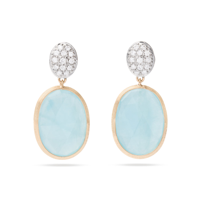 Marco Bicego 18k yellow gold and 18k white gold rhodium plated Siviglia oval aquamarine drop earrings with round diamonds weighing 0.20 carat total weight