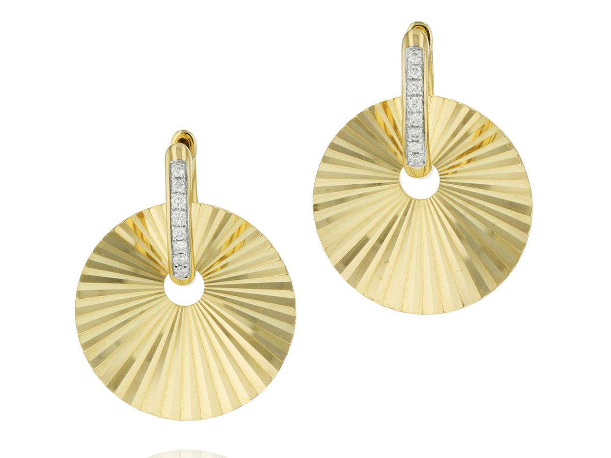 Phillips House 14k yellow gold Aura offset huggie earrings with 16 round diamonds weighing 0.08 carat total weight