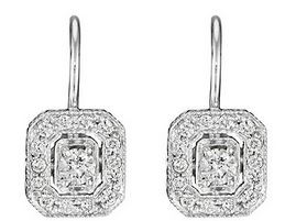 Penny Preville 18k white gold rhodium plated Classic Collection engraved emerald shape diamond earring with diamonds weighing 0.52 carat total weight