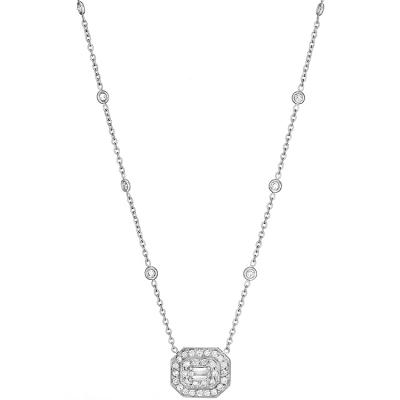 Penny Preville 18k white gold rhodium plated Deco pave emerald cut center pendant necklace with diamonds weighing 1.50 carat total weight, 16