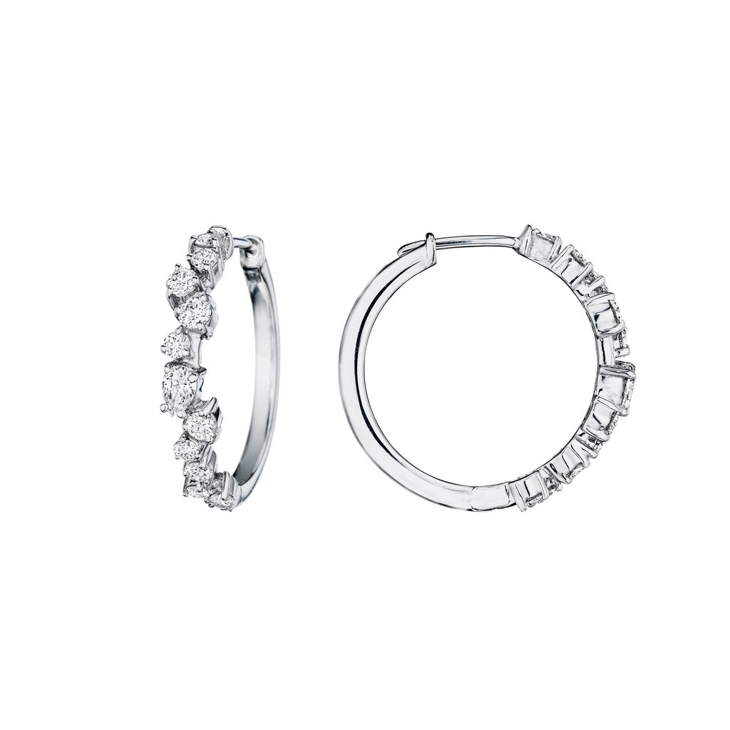 Penny Preville 18k white gold rhodium plated Star Dust cluster small hoop earrings with diamonds weighing 0.71 carat total weight