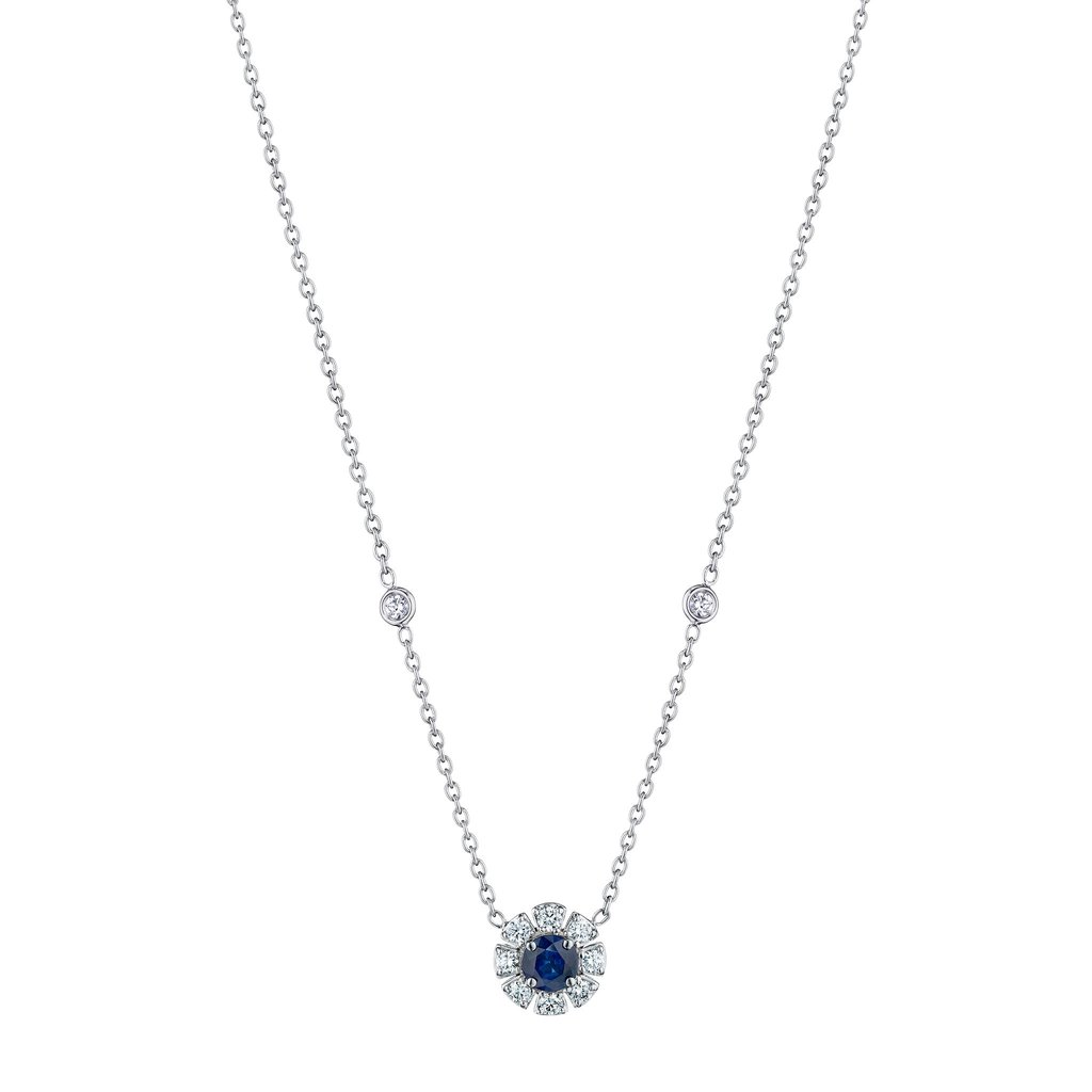 Penny Preville 18k white gold rhodium plated round blue sapphire pendant necklace with diamonds, 5mm round blue sapphire with diamonds weighing 0.42 carat total weight, 18"