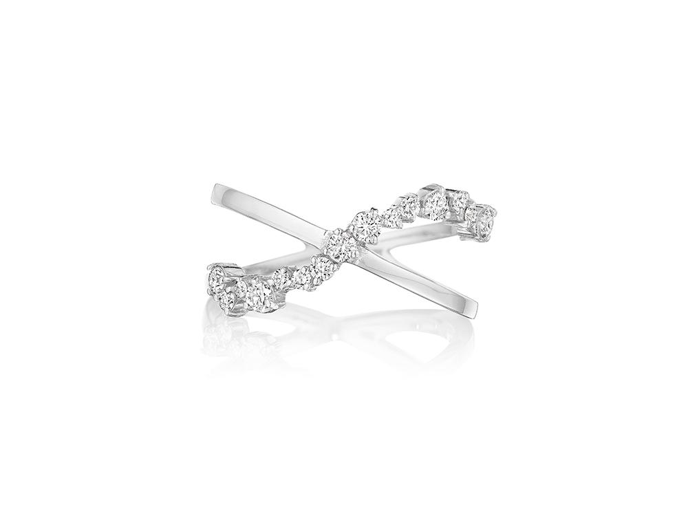 Penny Preville 18k white gold rhodium plated cross over ring with round diamond cluster, 15 round diamonds weighing 0.40 carat total weight, size 6.5