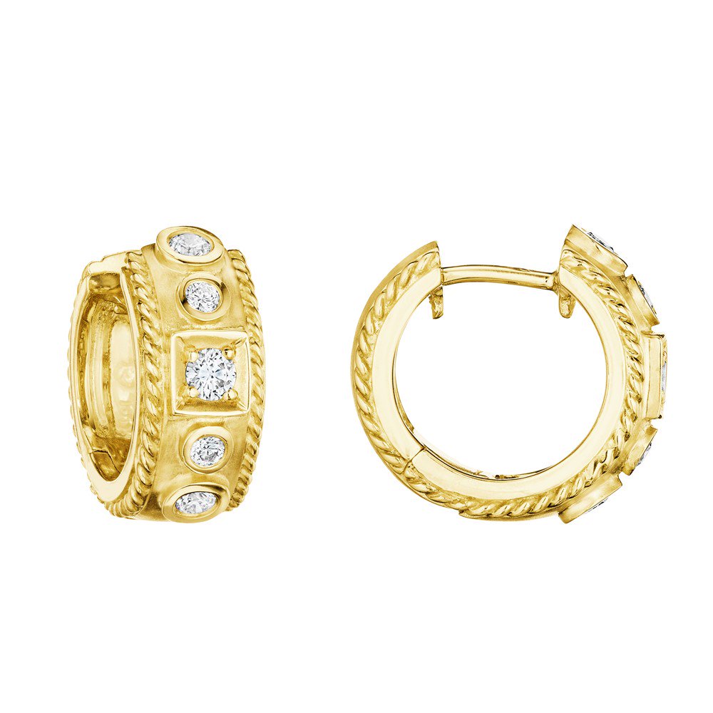 Penny Preville 18k yellow gold huggie hoop earrings with round diamonds weighing 0.42 carat total weight