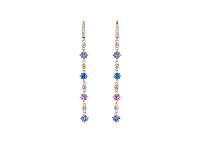 Penny Preville 18k rose gold short cushion cut rainbowsapphire and diamond drop earrings, diamonds weighing 0.29 carat total weight