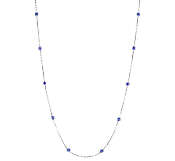Penny Preville 18k white gold rhodium plated eyeglass chain necklace with 10 round blue sapphires weighing 1.20 carat total weight, 18"