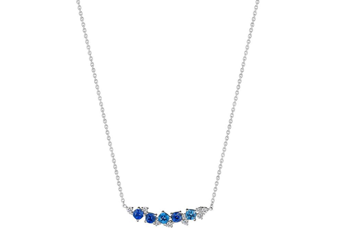 Penny Preville 18k white gold cushion blue sapphire curve necklace with diamoinds weighing 0.29 carat total weight, 18"