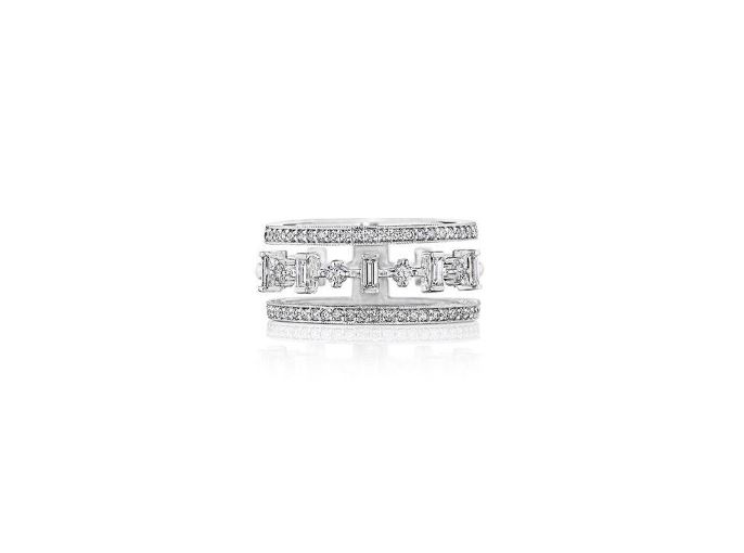 Penny Preville 18k white gold rhodium plated 9mm wide cut out deco halfway diamond band with baguettes weighing 0.40 carat weight and round diamonds weighing 0.37 carat weight