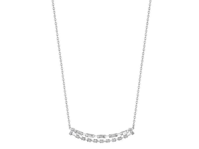 Penny Preville 18k white gold rhodium plated round (.38ct) and baguette (.55ct) draped bar necklace weighing 0.93 carat total weight, 18"