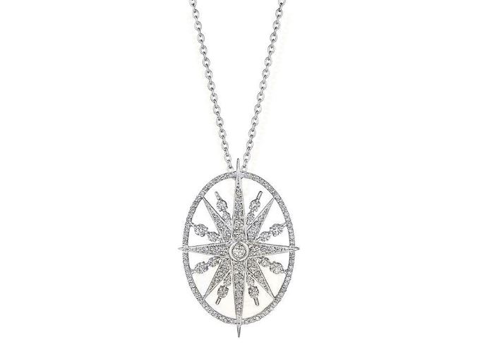 Penny Preville 18k white gold rhodium plated large oval sunburst pendant necklace with beaded border and diamonds weighing 1.34 carat total weight, 20"