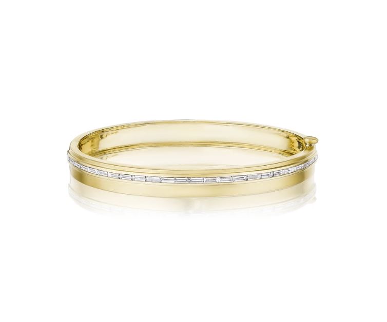 Penny Preville 18k yellow gold wide single row bangle bracelet with baguette diamonds weighing 2.00 carat total weight