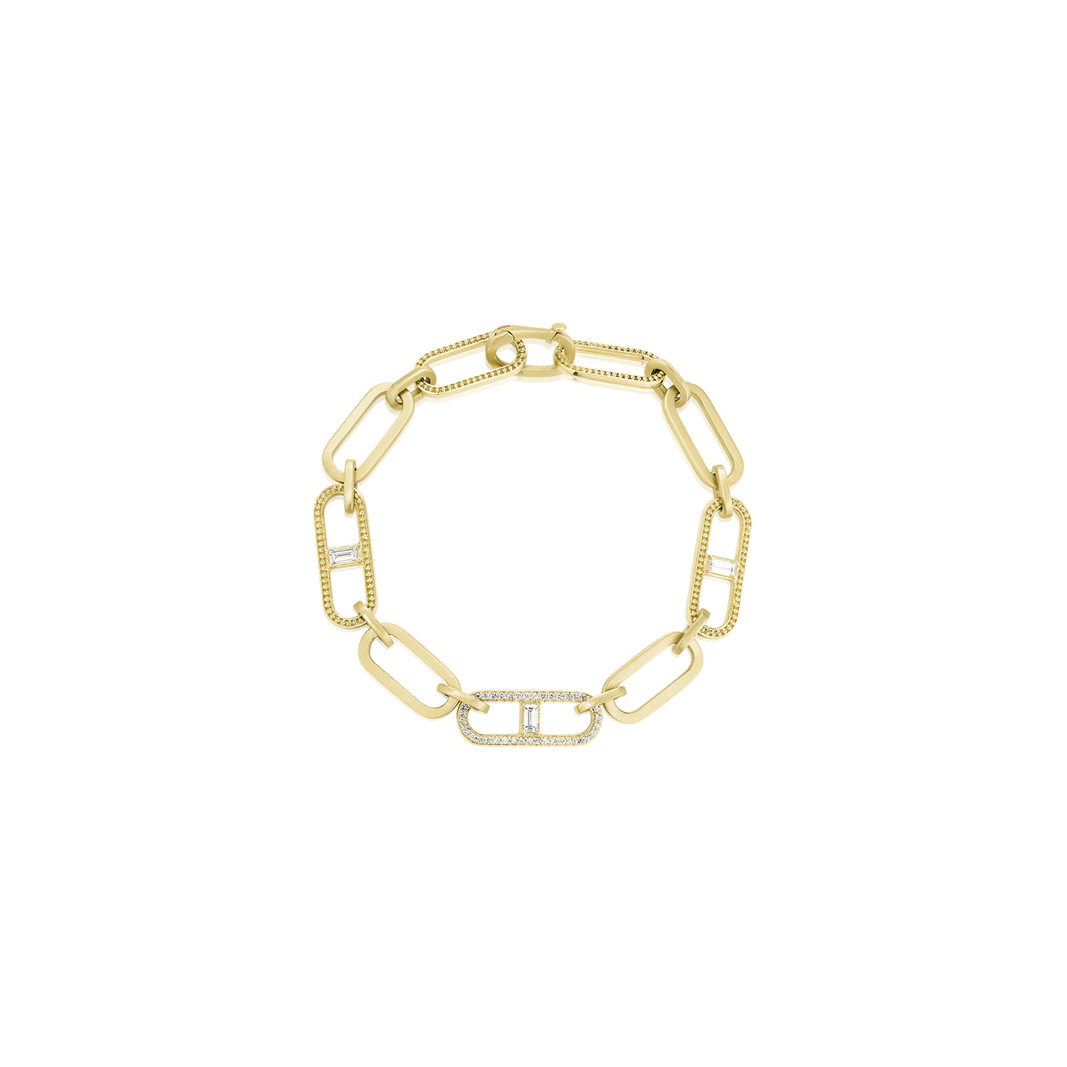 Penny Preville 18k yellow gold textured flat link bracelet with baguette  and round diamonds weighing 0.56 carat total weight, 7.5"