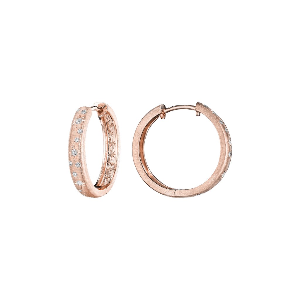 Penny Preville 18k rose gold thin galaxy hoop earrings with diamonds, 20mm earrings with diamonds weighing 0.17 carat total weight in brushed finish