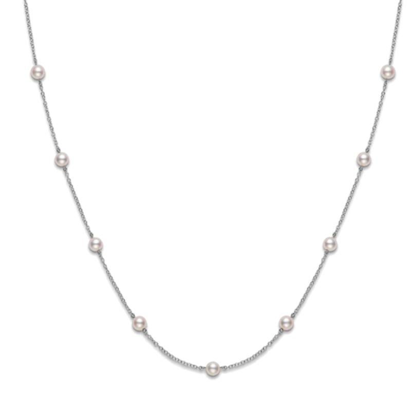 Mikimoto 18k white gold rhodium plated Station chain necklace with 11 pearl stations, 5.5mm/A+ akoya pearl, 16"-18"