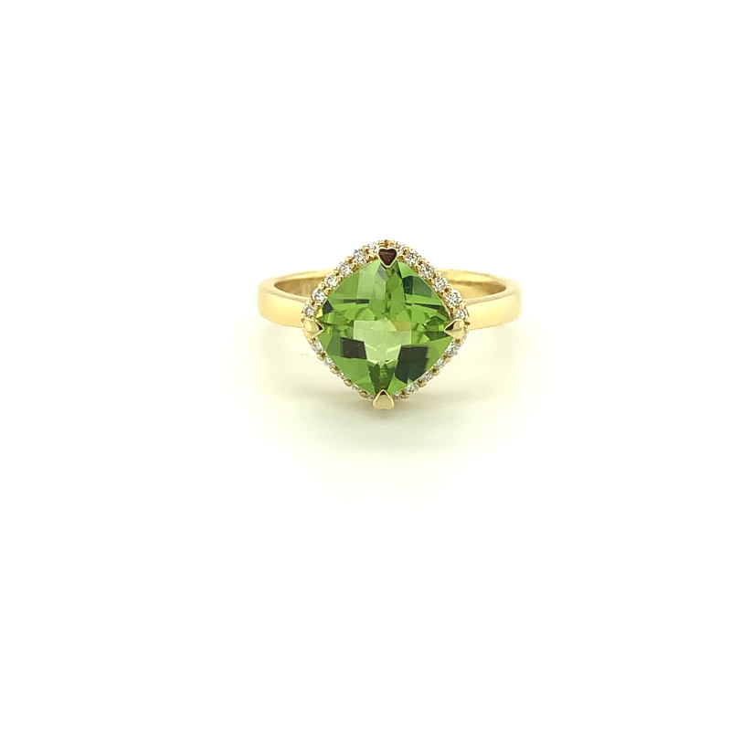 Lisa Nik 18k yellow gold Rocks cushion peridot ring with diamonds, 10mm peridot with diamonds weighing 0.14 carat total weight, size 6