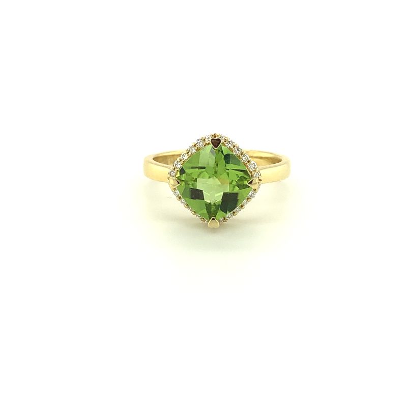 Lisa Nik 18k yellow gold Rocks cushion shaped peridot ring with diamond halo, 8mm peridot with round diamonds weighing 0.15 carat total weight