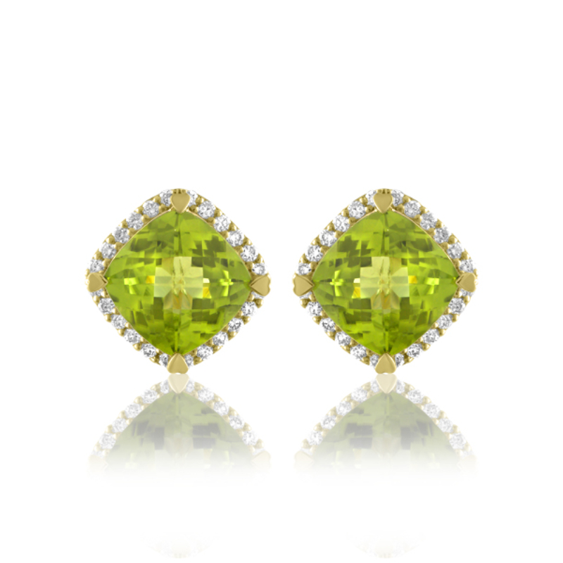 Lisa Nik 18k yellow gold Rocks peridot stud earrings with diamonds, 8mm cushion peridot with diamonds weighing 0.30 carat total weight