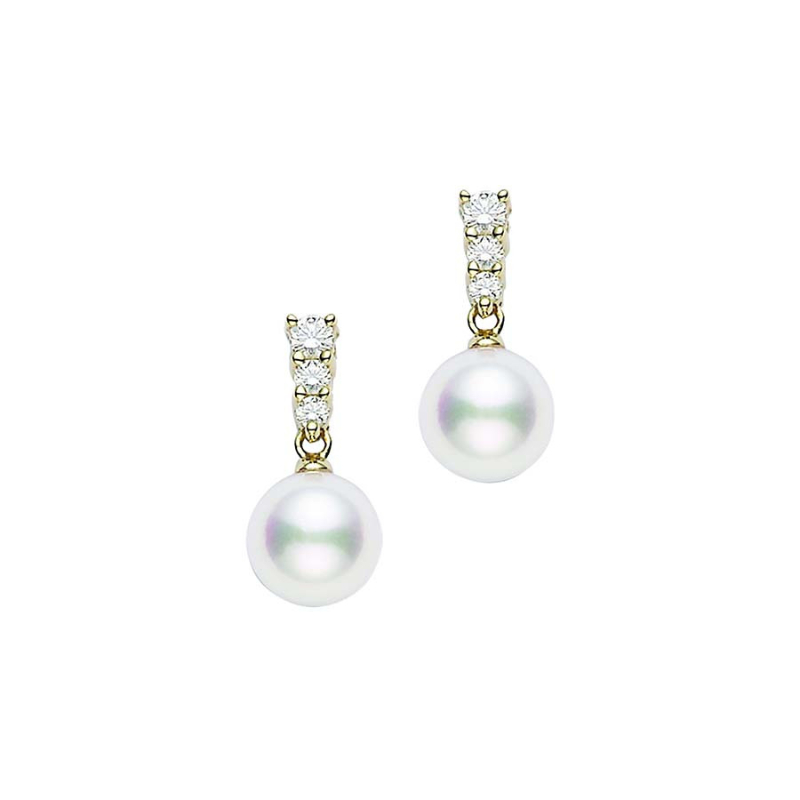 Mikimoto 18K Yellow Gold Morning Dew Pearl Drop Earrings With Diamonds