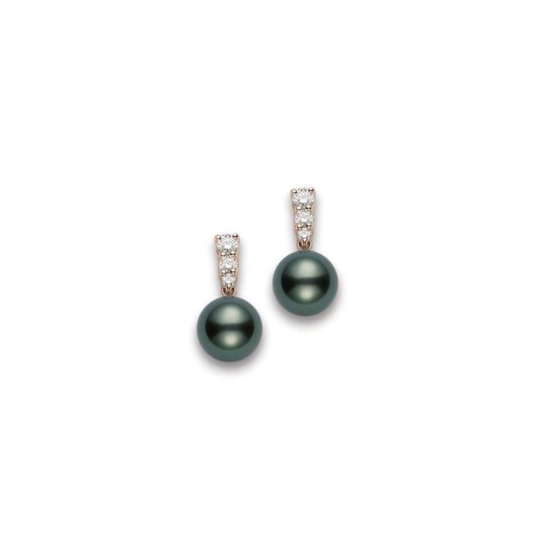 Mikimoto 18k rose gold Morning Dew Black South Sea pearl drop earrings with diamonds, 9mm/BSS pearl with 6 round diamonds weighing 0.48 carat total weight