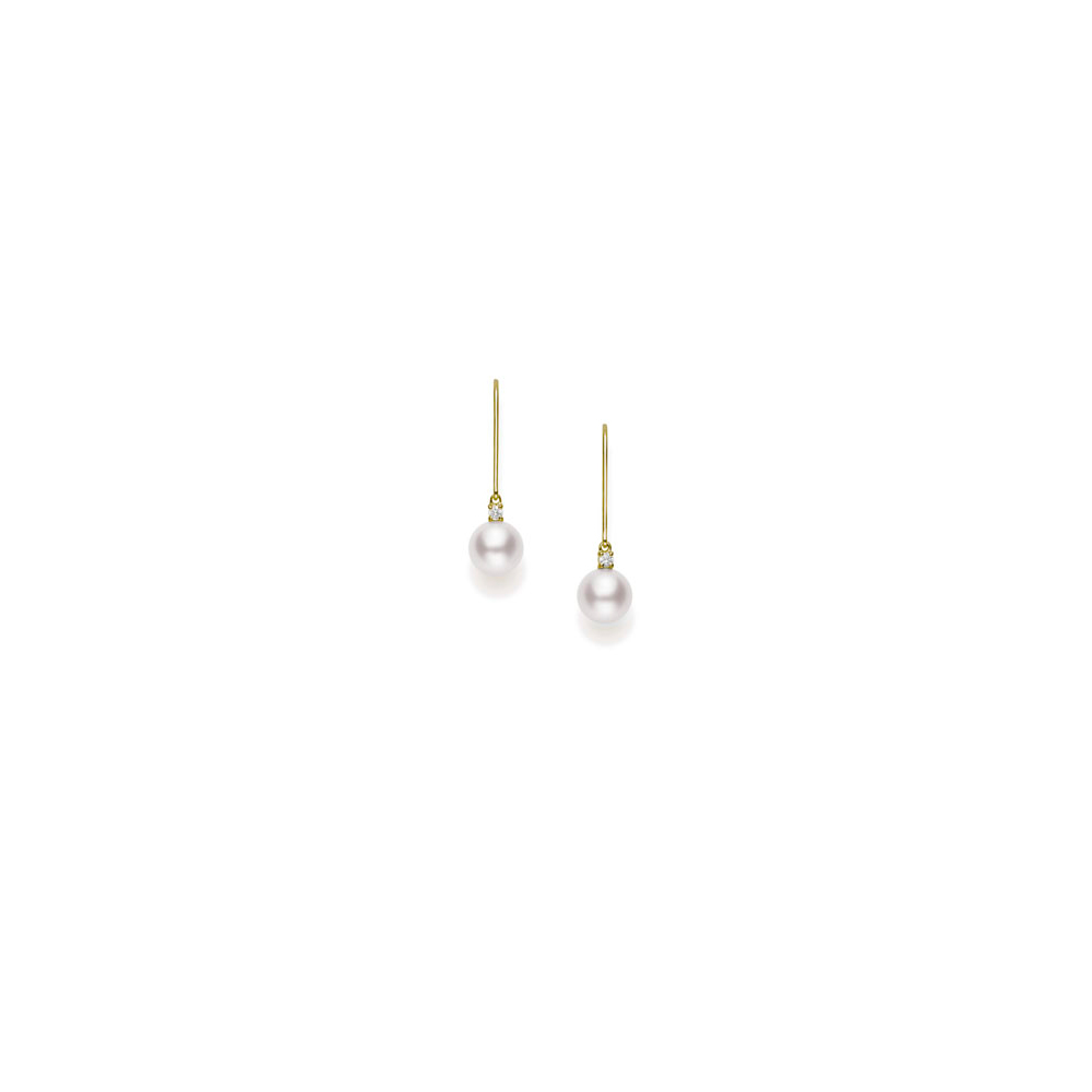 Mikimoto 18k yellow gold Classic pearl drop earring with diamonds, 7mm/A+ akoya pearls with 2 diamonds weighing 0.06 carat total weight