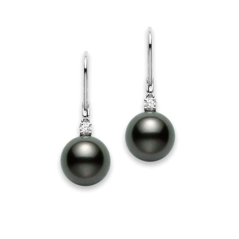 Mikimoto 18k white gold Classic Classic Black South Sea drop earring with diamonds, 10mm/A+ Black South Sea pearls with diamonds weighing 0.15 carat total weight