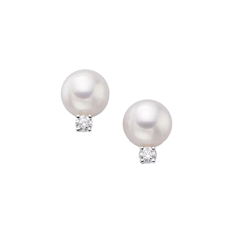 Mikimoto 18k white gold rhodium plated Everyday Essentials Akoya pearl stud earrings with diamonds, 6-6.5mm/ A+ pearl earrings with diamonds weighing 0.06 carat total weight