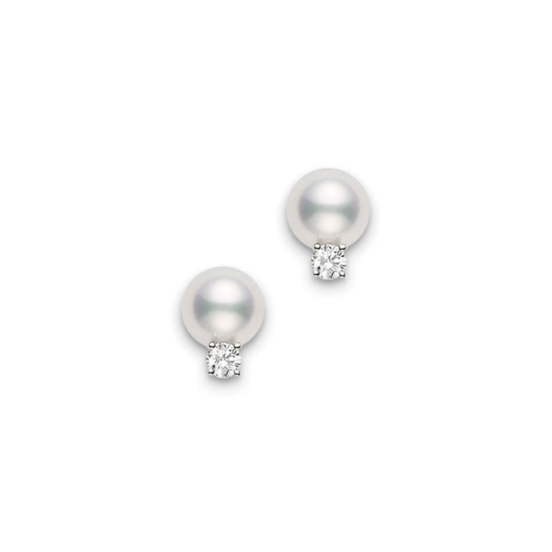 Mikimoto 18K White Gold Rhodium Plated Everyday Essentials Pearl Stud Earrings With Diamonds