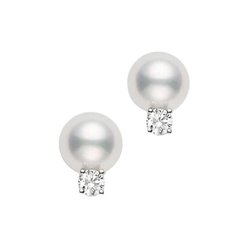 Mikimoto 18K White Gold Rhodium Plated Everyday Essentials Pearl Stud Earrings With Diamonds