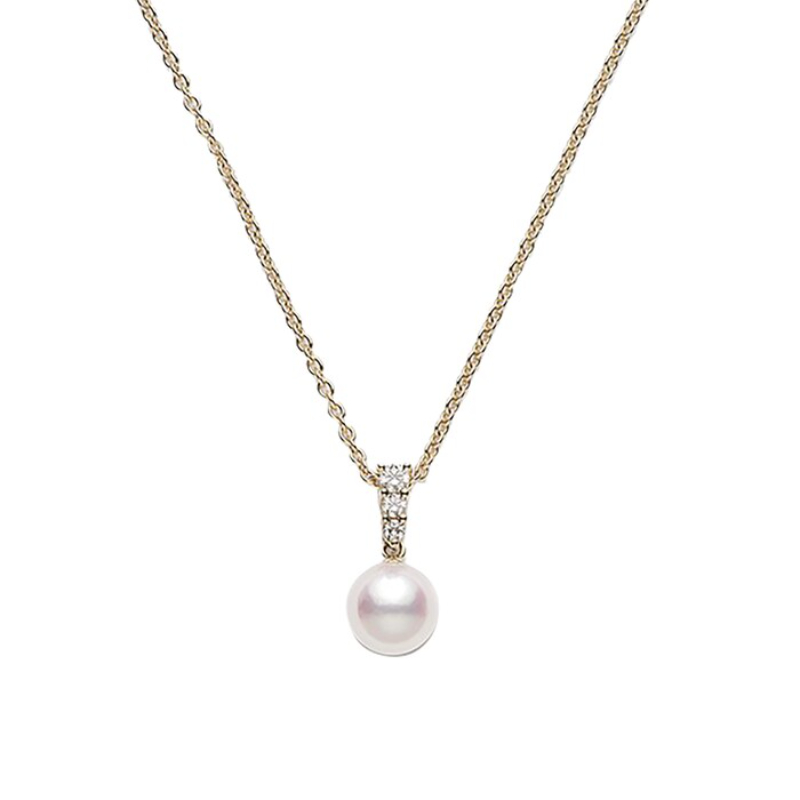 Mikimoto 18K Yellow Gold Morning Dew Pearl Pendant Necklace With Diamonds