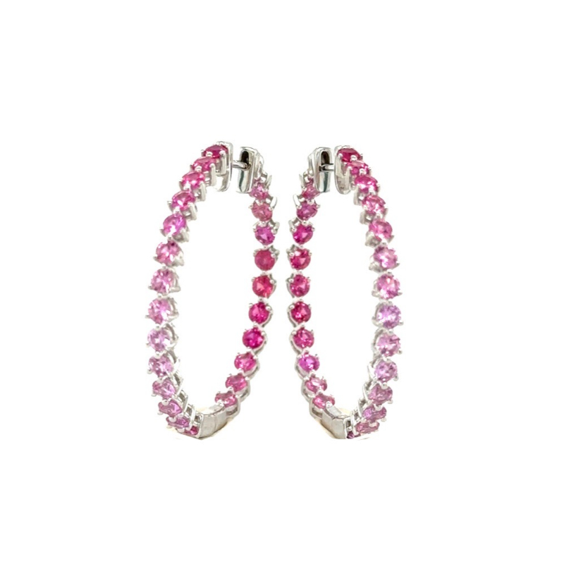 Lisa Nik 18k white gold rhodium plated Rainbow 3-prong hinged hoop earrings with rainbow pink sapphires weighing 2.94 carats total weight