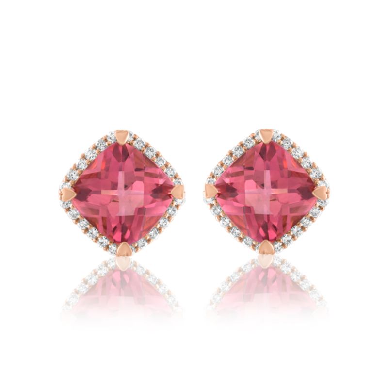 Lisa Nik 18k rose gold Rocks cushion shape pink tourmaline stud earrings with diamonds, 8mm pink tourmaline with diamonds weighing 0.30 carat total weight