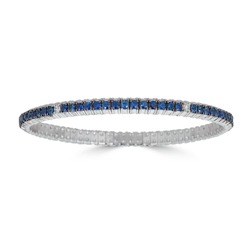 ZYDO 18K White Gold Single Row Sapphire And Diamond Stretch Bangle