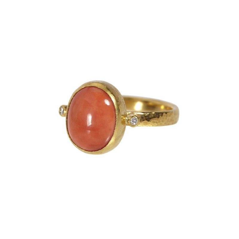 Gurhan 24k yellow gold Amulet Hue oval vertical setting coral ring with diamonds, 12x10mm coral with diamonds weighing 0.03 carat total weight, size 6.5
