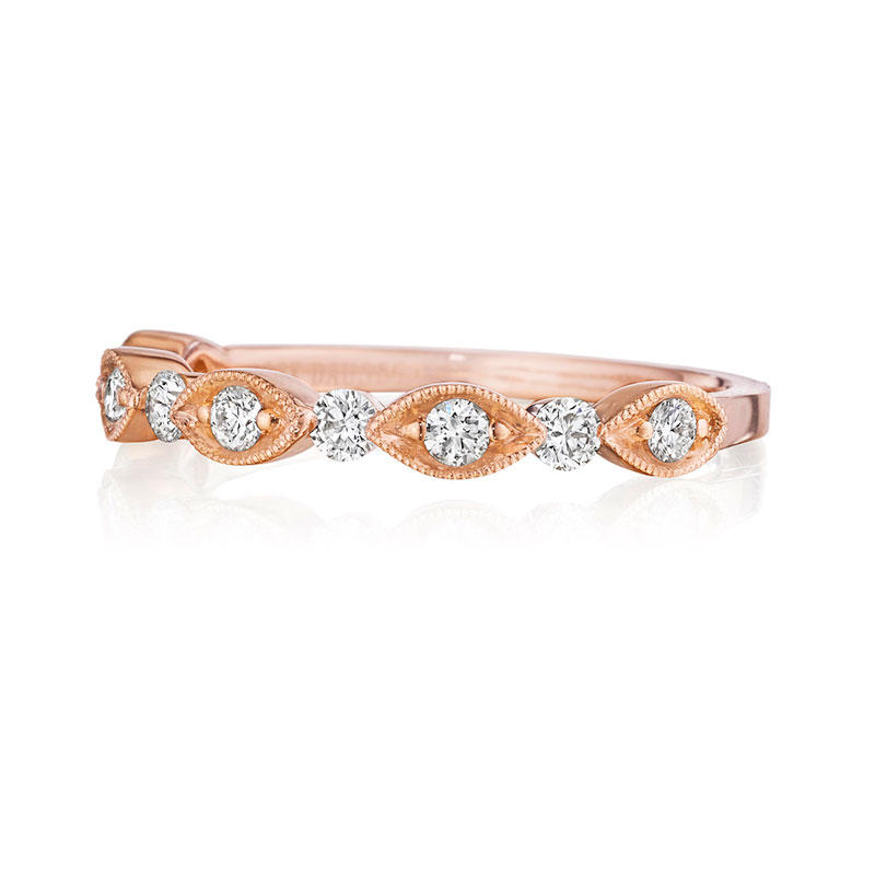 Henri Daussi 14K rose gold diamond halfway band with milgrain detail, 9 round diamonds weighing 0.30 carat total weight