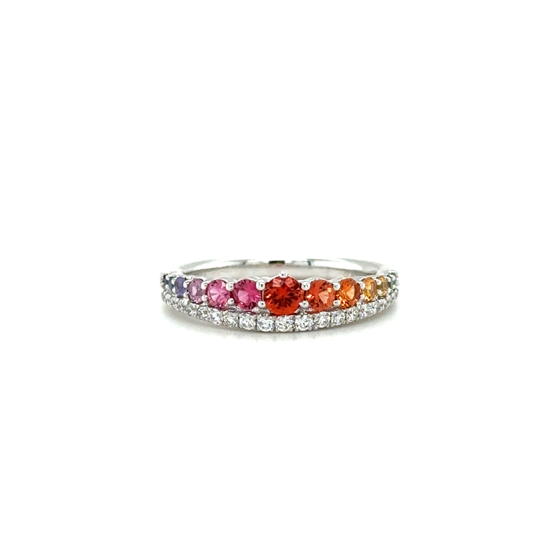 Lisa Nik 18k white gold rhodium plated Colors wave band with mixed color sapphires weighing 0.65 carat total weight and round diamonds weighing 0.21 carat total weight