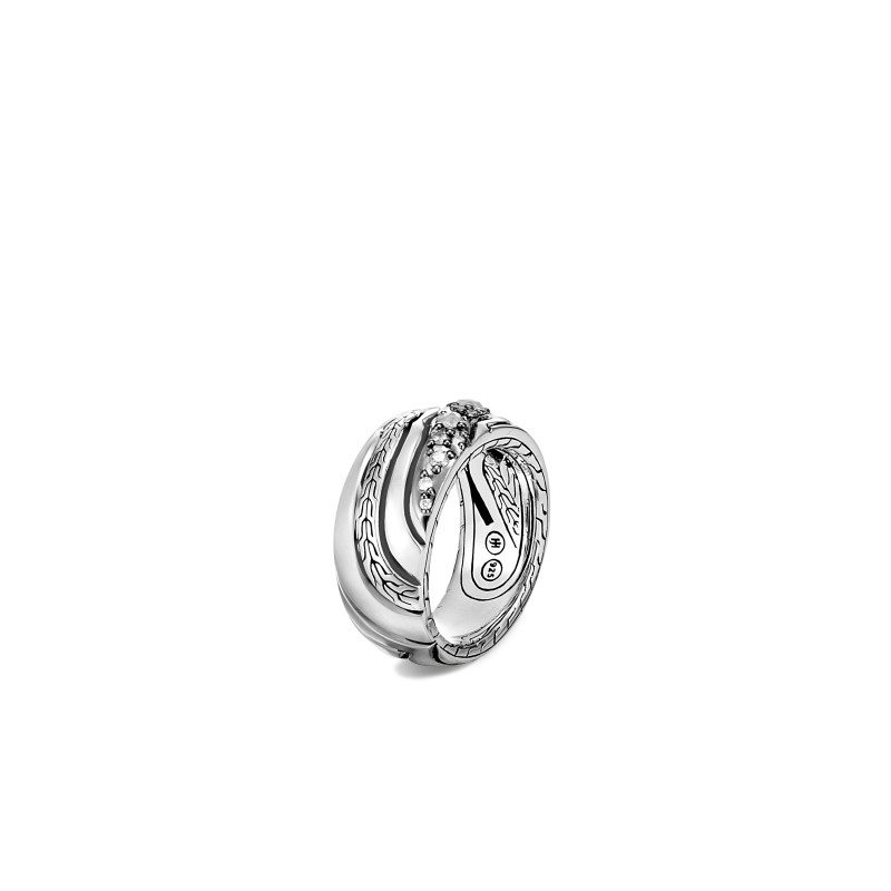 John Hardy sterling silver Lahar band ring with white and grey diamonds, 10mm ring with diamonds weighing 0.38 carat total weight, size 7