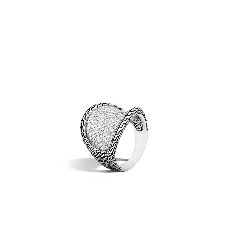 John Hardy sterling silver Classic Chain saddle ring with diamonds weighing 1.12 carat total weight, size 7