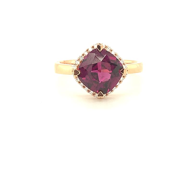 Lisa Nik 18k rose gold Rocks cushion rhodolite garnet ring with diamonds, 8mm rhodolite garnet with diamonds weighing 0.15 carat total weight, size 6