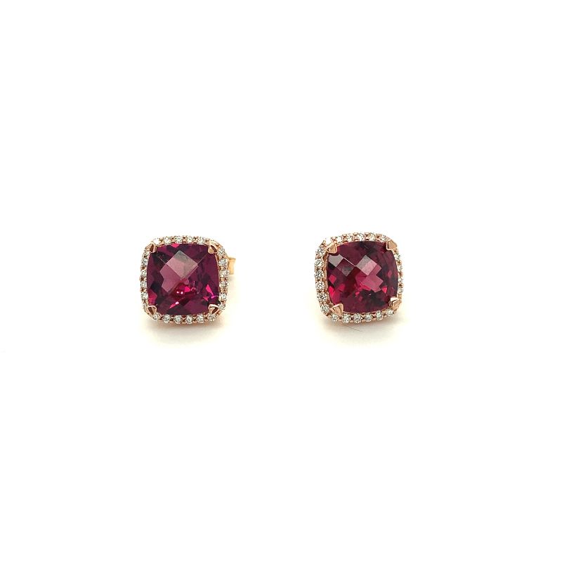 Lisa Nik 18k rose gold Rocks cushion shaped rhodolite garnet stud earring with diamonds, 8mm rhodolite garnet with diamonds weighing 0.30 carat total weight