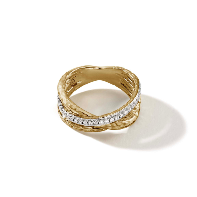 18K Yellow Gold Classic Chain Hammered Crossover Ring