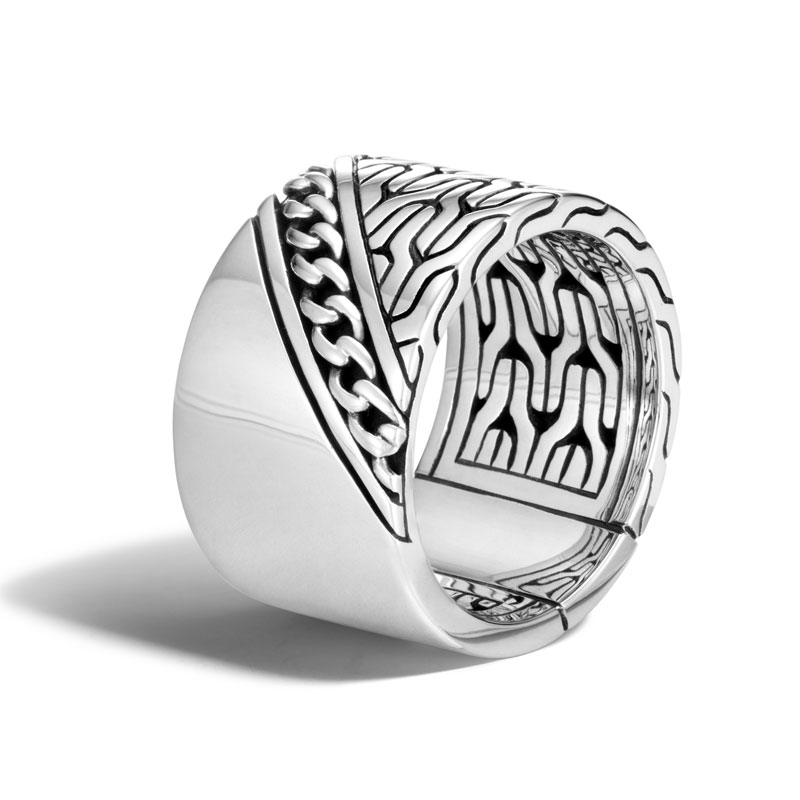 John Hardy sterling silver Classic Chain wide motif band ring, 15mm ring, size 10