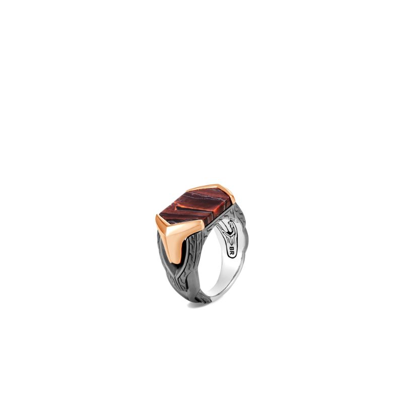John Hardy sterling silver black rhodium plated with bronze Asli Classic Chain link signet ring in brushed finish with red tiger iron, size 10