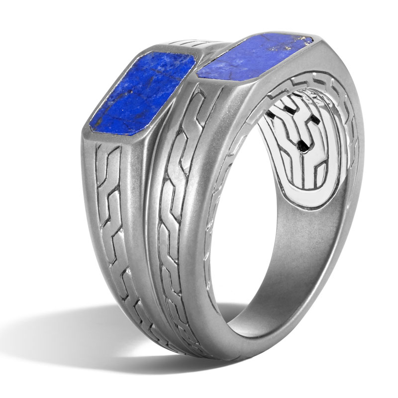 John Hardy sterling silver with satin black rhodium Classic Chain stacked signet ring with lapis lazuli, 5.5-14mm ring, size 10